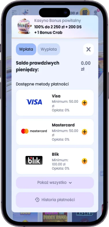 Panel wpłaty depozytu w kasynie online