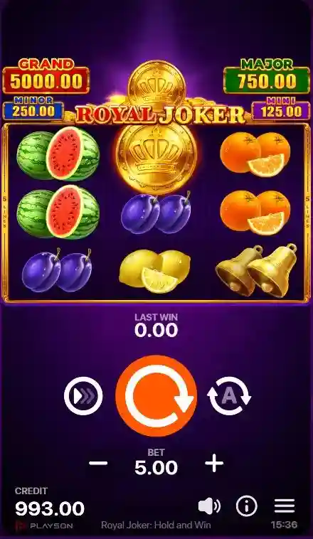 Royal Joker: Hold and Win na zakładzie 5.00 z symbolami owoców, złotą monetą i jackpotami