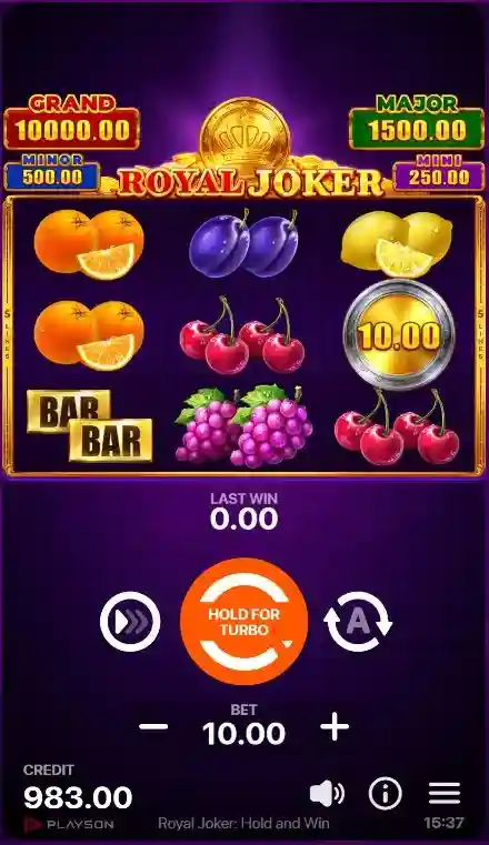 Główny ekran Royal Joker: Hold and Win z owocami, symbolem BAR i monetą bonusową 10.00