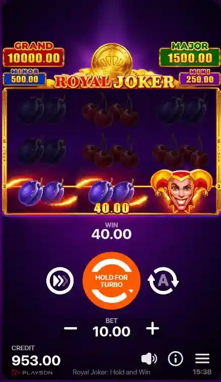 Royal Joker: Hold and Win z wygraną Total Win 220.00 i animacją spadających złotych monet