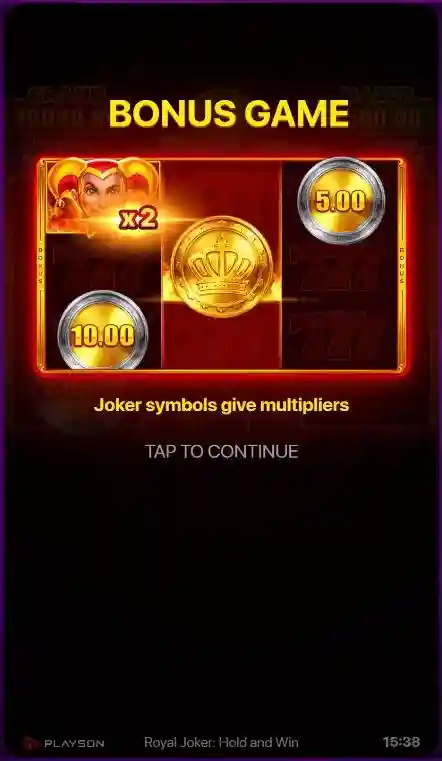 Bonus Game w Royal Joker: Hold and Win z mnożnikiem x2 od jokera i nagrodami pieniężnymi